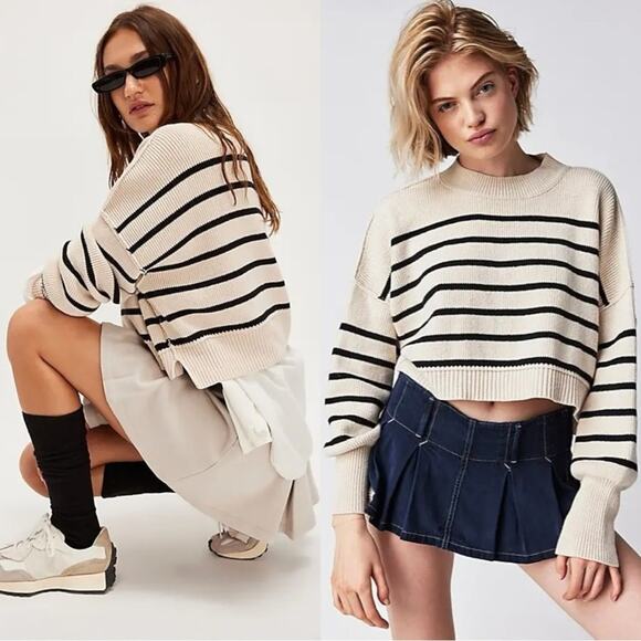 Free People Sweaters - Free People Easy Street Stripe Crop Pullover Large Cream Black  Coastal Preppy